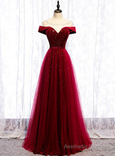 Burgundy Tulle Star Sequins Cap Sleeve Prom Dress